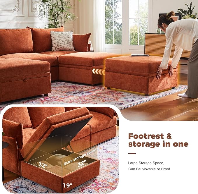 ABCASA 134.6" Luxury Modular Sectional Convertible Sofa with Storage Ottoman, L-Shape 5-Seat Oversized Comfy Couch Deep Seat with Reversible Chaise - Chenille Terracotta Orange