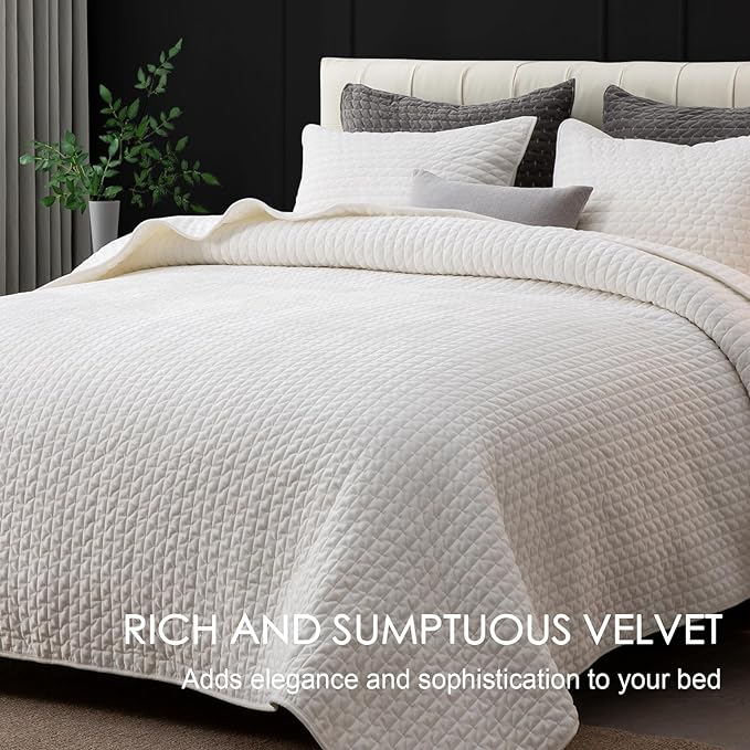 Powdion Velvet Quilt Queen Size, Oversized Bedspread Quilted Bedding Set, Luxurious Soft Coverlet Set Lightweight Velvet Comforter for All Season with Pillow Shams, 90x96 Striped White