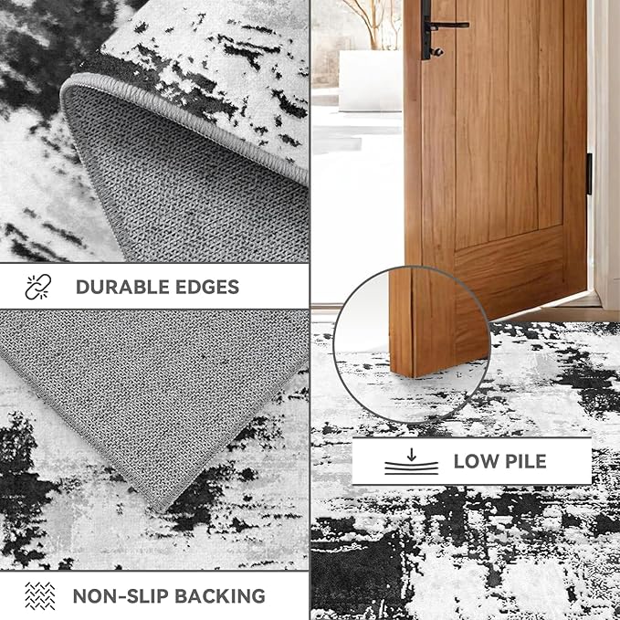 3x12 Long Hallway Runner Rug: Kitchen Rugs Non Slip Washable Low Pile Abstract Rug Runner with Rubber Backing Indoor Stain Resistant Carpet Runners for Bedroom Dining Living Room Black White