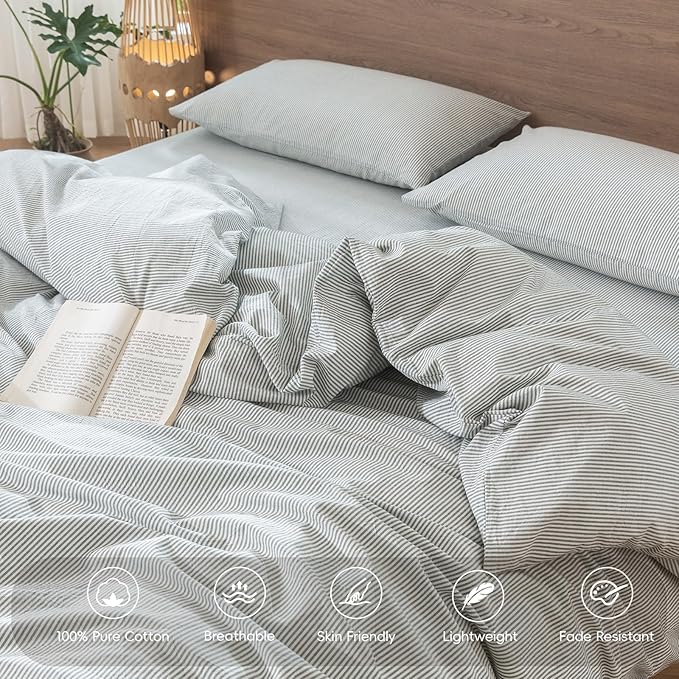 MooMee Striped Duvet Cover Set 100% Washed Cotton Linen Like Textured Breathable Durable Soft Comfy (Heathered Green Pinstripes, Oversized Queen 98"x98")