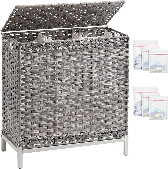 Laundry Hamper with Lid 132 L, (35 Gallons) Clothes Hamper with Lid, Handwoven Rattan Laundry Hamper with Metal Heightened Feet, Laundry Hampers with 3 Removable Liner Bags for Laundry-Gray