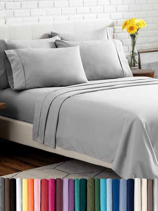Bare Home Hotel Luxury King Sheet Set, Extra Soft - 6 Piece Set - Deep Pockets - Easy Fit - Cooling & Breathable - Wrinkle, Fade, Stain Resistant - Includes 4 Pillowcases (King, Light Grey)