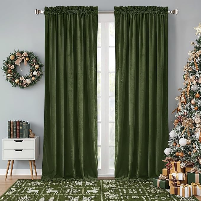 StangH Moss Green Curtains for Living Room, Super Soft Luxury Velvet Room Darkening Drapes 102 inches Long Christmas Holiday Home Decor for Bedroom/Laundry, W52 x L102, 2 Panels