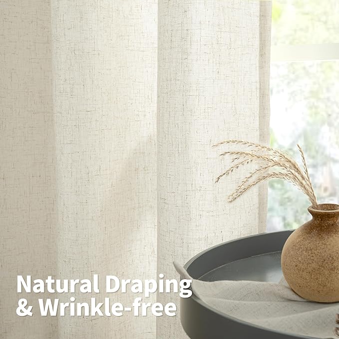 YoungsTex Natural Linen Curtains 63 Inch Length 2 Panels for Living Room, Light Filtering Drapes Semi Sheer with Grommet No See Through Privacy for Bedroom, 52 X 63 Inch