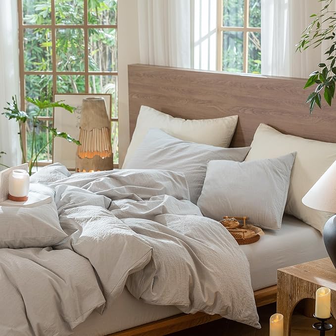 MooMee Wavy Striped Duvet Cover Set 100% Washed Cotton Linen Like Textured Breathable Durable Soft Comfy (Light Grey, Full 80"x90")