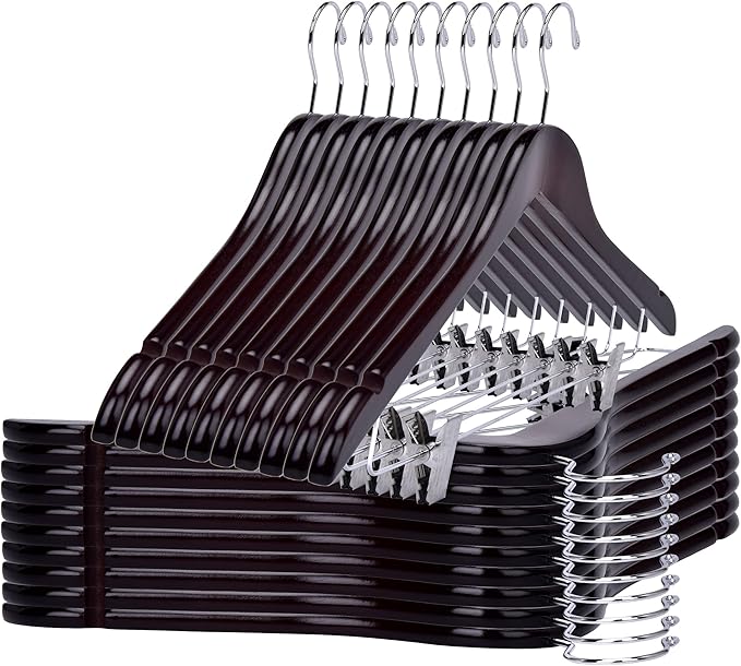 Quality Wooden Skirt Hangers with Clips 80-Pack Mahogany Pants Hangers with Adjustable Chrome Metal Clips, Swivel Hook, Coat, Jacket, Blouse Suit Hangers (Mahogany, 80)