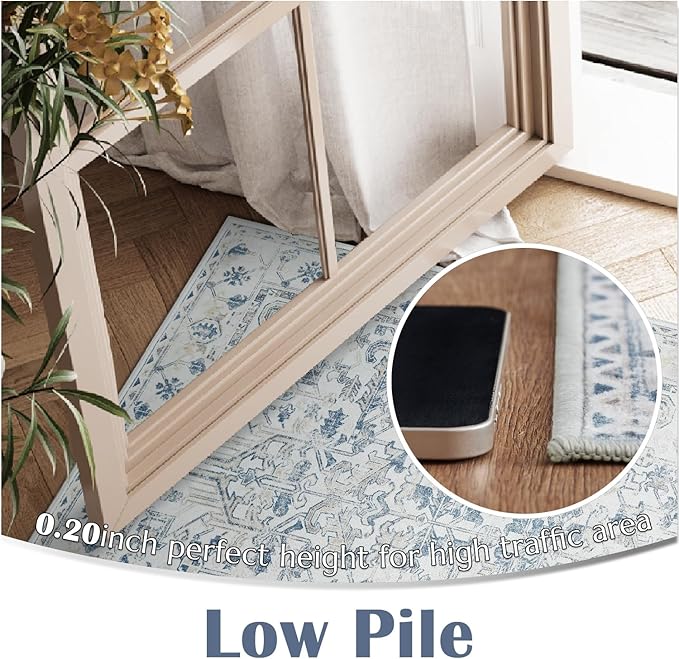jinchan Lima Hallway Runner Rug 2x10 Washable - Vintage Floral Non Slip Low-Pile Soft Ultra-Thin Faux Wool Kitchen Rug Distressed Carpet Runner for Farmhouse Bedroom Laundry (2x10ft, Blue)