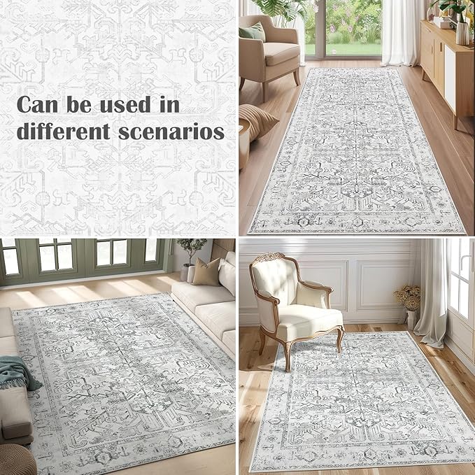 jinchan Lima Living Room Area Rugs 10x12 - Low Pile Washable Stain Resistant Vintage Large Boho Rug Ultra-Thin Non Slip Floral Print Distressed Carpet for Bedroom Dining Room Farmhouse (10x12ft, Grey)