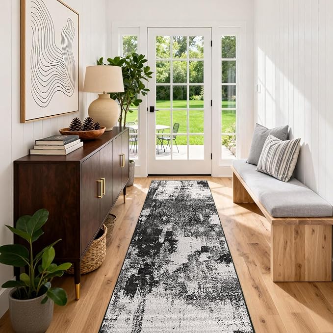 Machine Washable Runner Rug 2x6: Non Slip Hallway Rug Low Pile Kitchen Runner Soft Abstract Rug with Rubber Backing for Entryway Bedroom Bathroom Farmhouse Laundry Living Room Black White 2x6