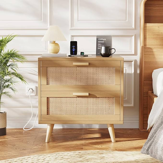 Rovaurx Rattan Nightstand with 2 Drawers, Bedside Table Small Night Stand with Charging Station, End Table for Bedroom, Boho Side Table with Solid Wood Legs for Bedroom, Modern Natural RCTG111ME