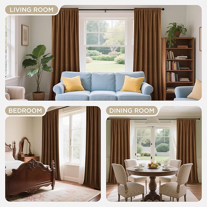 Joydeco Golden Brown 100% Blackout Curtains 84 Inch 2 Panels, Luxury Thermal Brown Velvet Curtains for Bedroom Living Room, Soundproof Blackout Window Drapes, Rod Pocket & Back Tab (52W x 84L)
