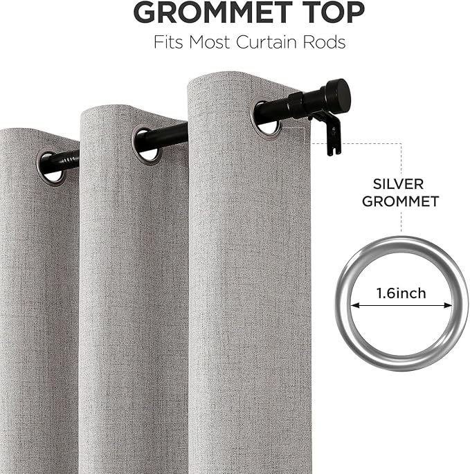 Joydeco 100% Blackout Linen Curtains 90 Inches Long 2 Panels, Thermal Insulated Burlap Curtain & Drapes, Grommet Room Darkening Textured Curtains for Bedroom Living Room (52x90 inch,Greyish White)