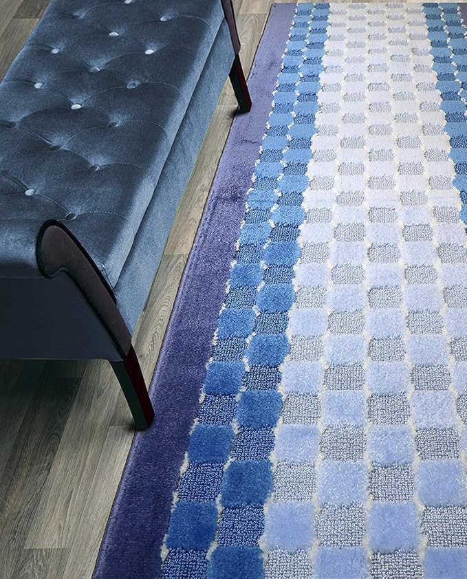 Custom Length Hallway Runner Rug,Slip Resistant,Checkered Blue, 26 Inch X 10 feet, Sold and Priced Per Foot