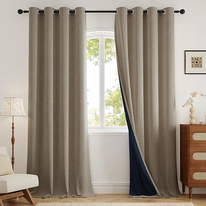 100% Blackout Extra Long Curtains 120 inch Length 2 Panels for Living Room, Linen-Look Textured Room Darkening Thermal Insulated Noise Reduction Drapes for Bedroom (W52xL120, Taupe)