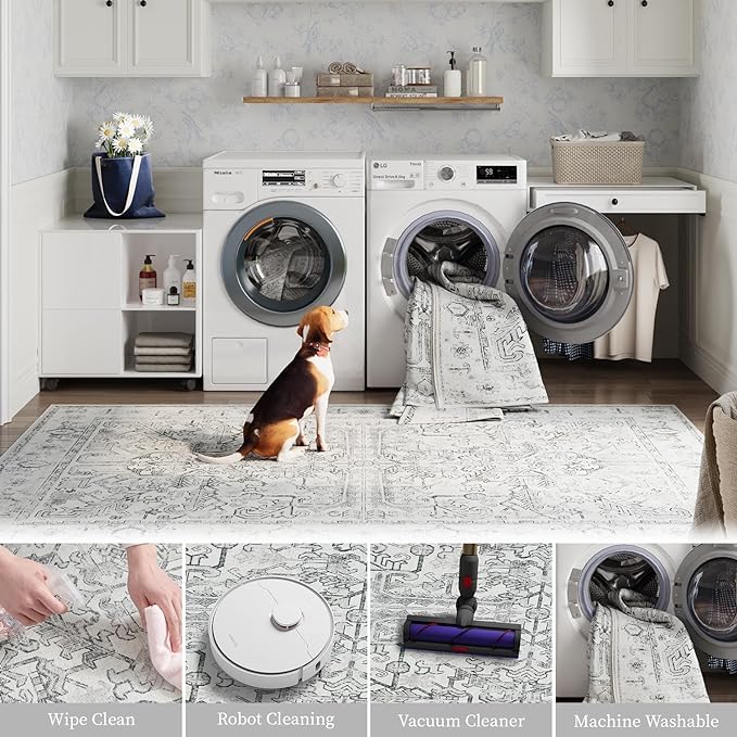 jinchan Lima Hallway Runner Rug 2x10 - Kitchen Washable Rug Floral Runner Non Slip with Rubber Backing Ultra-Thin Vintage Carpet for Bedroom Laundry Room Living Room (2x10ft, Grey)