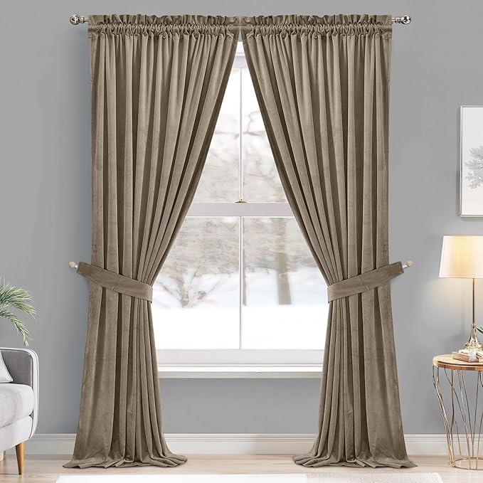 StangH Camel Beige Curtains 90 inches Long Luxury Soft Velvet Thermal Insulated Privacy Assured Curtain Panels for Sliding Door Dining Room Closet, W42 x L90, 2 Panels