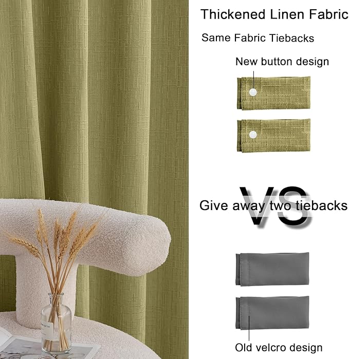 Jacquard Linen Curtains 63 inch Length 2 Panels Thick Faux Linen Blended Window Drapes Burlap Textured Curtains with Grommet for Living Room Bedroom Farmhouse (42x63 Olive Green) Natural