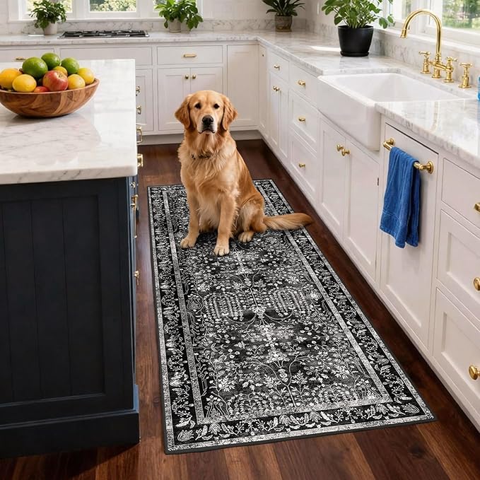 2x6 Runner Rugs for Hallways: Washable Kitchen Rugs Ultra Soft Vintage Carpet Low Pile Floral Runner with Rubber Backing Non Slip for Bedroom Bathroom Laundry Living Room Dining Black White