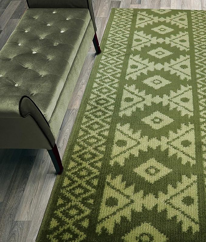 Custom Length Hallway Runner Rug,Slip Resistant,Southwestern Green, 26 Inch X 33 feet, Sold and Priced Per Foot