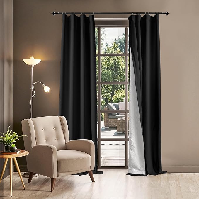 3-in-1 100% Blackout Curtains 120 Inches Long, Thermal Insulation, Soundproof Back Tab Drapes for Bedroom Living Room Sliding Glass Door, with Pin Hooks, Black 50x120 Inch 1 Panel