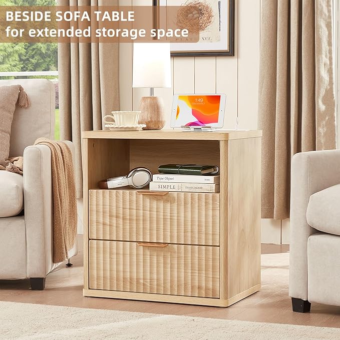 LEYAOYAO Fluted Nightstand with Charging Station, 23" Modern Night Stand with Woodgrain Top, 2 Drawers End Table w/Storage, Bedside Tables for Bedroom, Living Room, Curved Profile Design,Wood