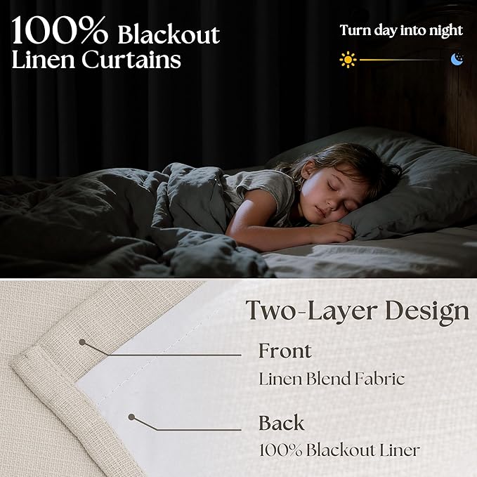 Cream White Linen Blackout Pleated Curtains 108 Inches Long 2 Panels Set Pinch Pleate 100% Black Out Double Layer Natural Burlap Thermal Insulated Drapes for Bedroom Living Windows 108 Inch Length