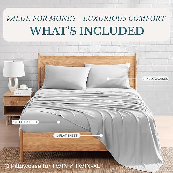 Casa Platino King Size Sheet Set – 4 Piece Pre-Washed Brushed Microfiber Bedding, Deep Pocket Sheets, Fade Resistant, Soft Bed Sheets, Durable & Long Lasting, Ideal for Everyday Use - Silver