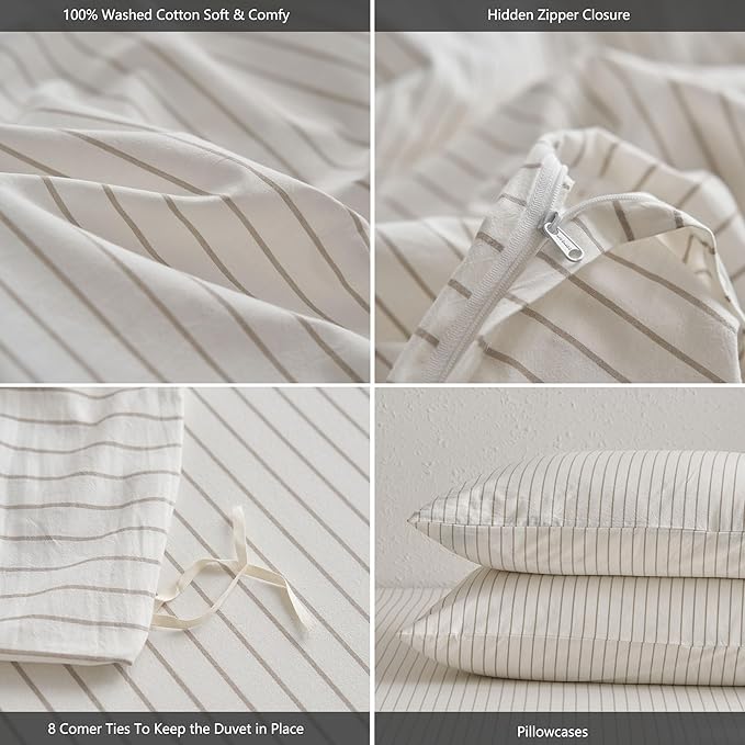 MooMee Striped Duvet Cover Set 100% Washed Cotton Linen Like Textured Breathable Durable Soft Comfy (White Tannish Linen Grey Wide Stripes, Full 80"x90")