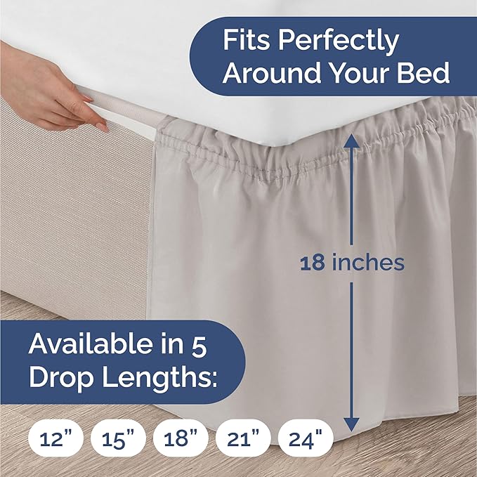 Wrap Around Dust Ruffle Bed Skirt - Light Grey - for King Size Beds with 18 Inch Drop - Elastic Strap - Adjustable Pleated Bedskirt with Brushed Fabric and Wrinkle Free - for Women, Men, Kids & Teens