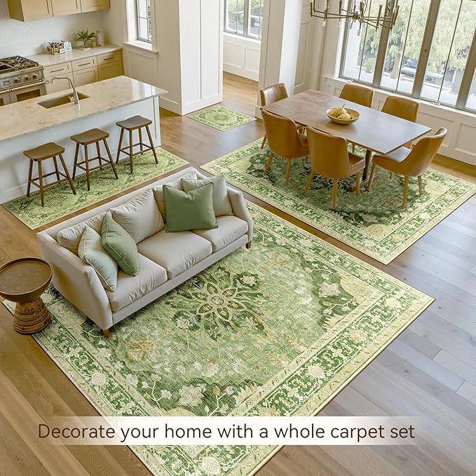 Area Rugs 4'x6' Washable Non-Slip, Floral Vintage Distress Print Pattern Medallion Carpet for Living Room Bedroom Dining Room, Sage Green Yellow