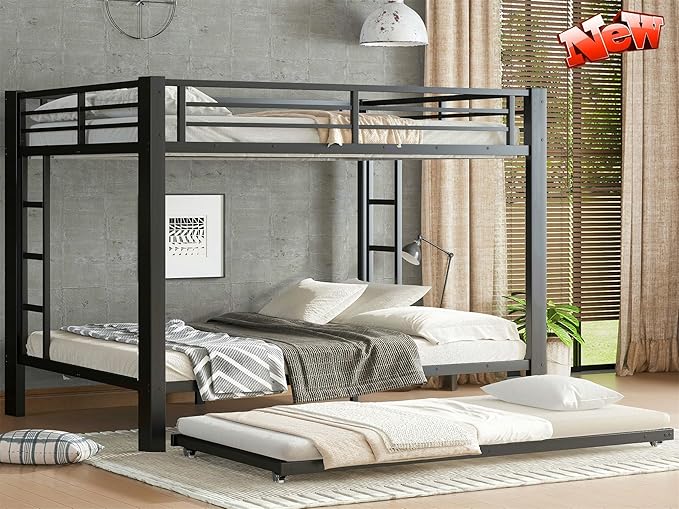 LUXIEE Upgraded & Stronger Heavy Duty Steel Queen Over Queen Bunk Bed Frame, More Stable Safer Thickened Metal Bunkbeds with Twin Size Trundle (Queen Over Queen)