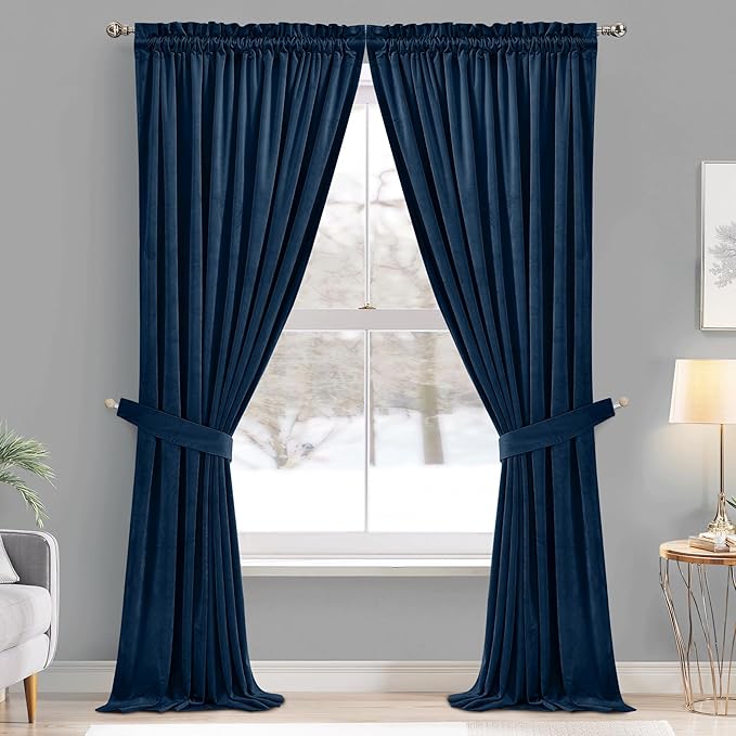 StangH Rod Pocket Velvet Curtains 90 inches Long Navy Blue Blackout Thermal Insulated Window Treatment Heavy Thick Privacy Home Decor for Office/Sliding Door, W42 x L90, 2 Panels