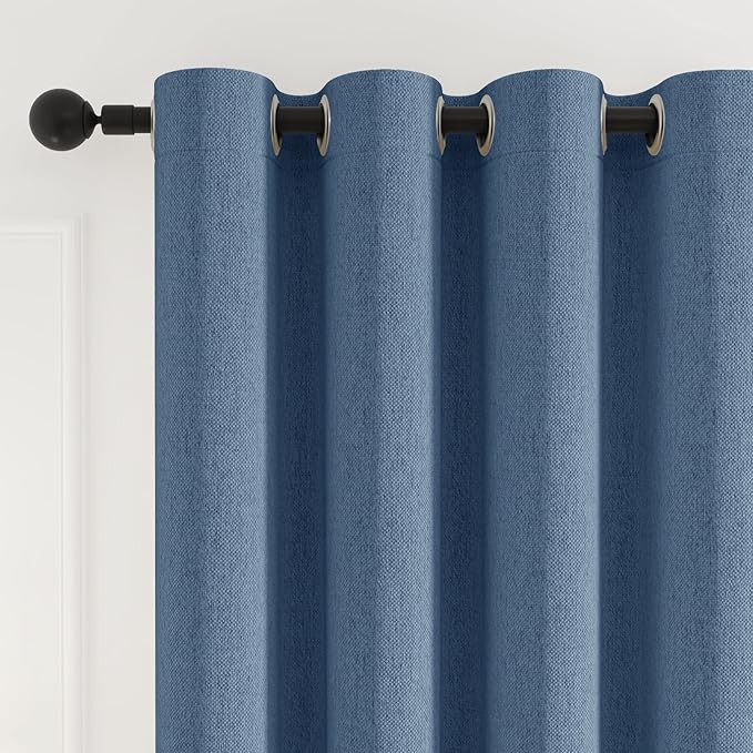 100% Blackout Curtains 80 inch Length 2 Panels Set for Bedroom/Living Room, Linen-Look Textured Full Light Blocking Room Darkening Thermal Insulated Noise Reduction Drapes (W52xL80, Blue)