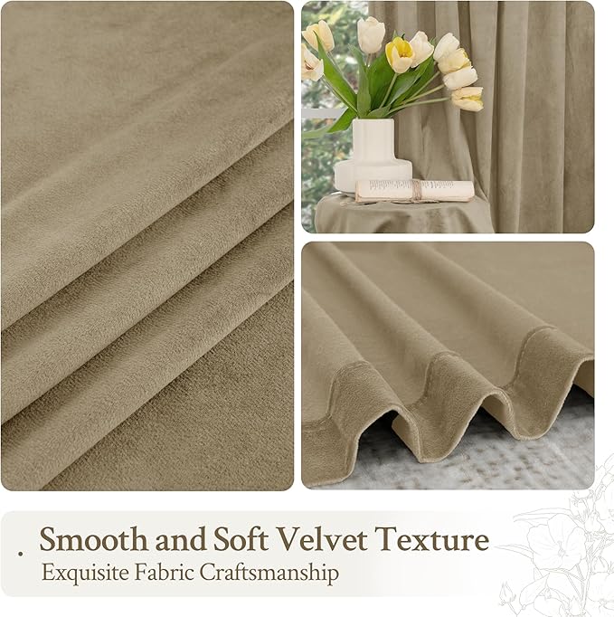 LAMIT Dark Taupe Velvet Curtains for Living Room, 108 Inch Thick Room Darkening Drapes Room Decor Back Tab and Rod Pocket Thermal Panels for Bedroom/Farmhouse, 2 Panels, 52 x 108 Inch