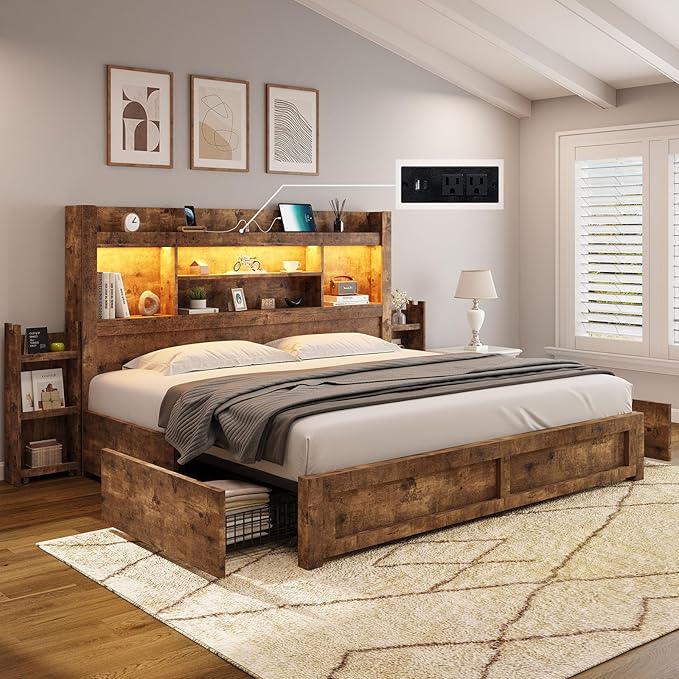 AMERLIFE King Size Bed Frame with 4 Storage Drawer & 2 Slide Bedside Table, Wood Bed Frame with 49.6" Tall Bookcase Headboard, LED Platform Bed with Charging Station, No Box Spring Needed/Rustic Brown