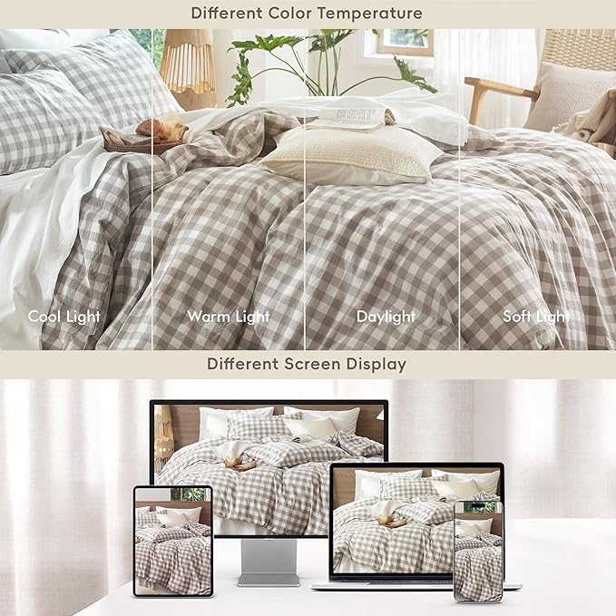 MooMee Gingham Duvet Cover Set 100% Washed Cotton Linen Like Textured Breathable Durable Soft Comfy Modern Checkered Design (Buffalo Plaid Tannish Linen Grey, Queen 90"x90")