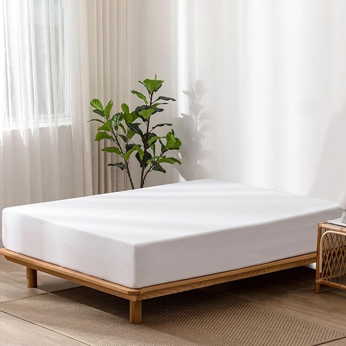 MooMee Fitted Bottom Sheet Only 100% Washed Cotton Linen Like Textured Breathable Durable Soft Comfy Deep Pocket Fits Mattress up to 17" (Bright White, Twin)