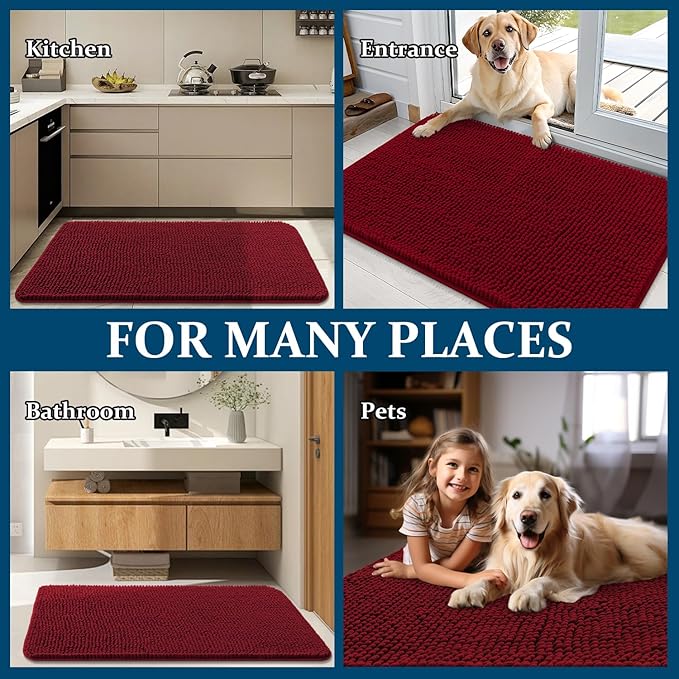 OLANLY Dog Door Mat for Muddy Paws 59x32, Absorbs Moisture and Dirt, Absorbent Non-Slip Washable Doormat, Quick Dry Chenille Mud Mat for Dogs, Entry Indoor Entryway Carpet for Inside Floor, Red