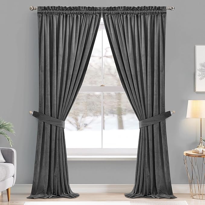 StangH Gray Velvet Curtains 96 inches - Bedroom Luxury Velvet Curtain Panels Blackout Draperies Heat Insulated Sliding Door Panel Drapes, 52 by 96 inches Long, 2 Panels