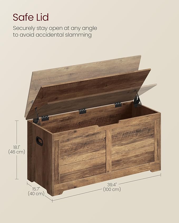 VASAGLE Storage Chest, Storage Bench with 2 Safety Hinges, Farmhouse Style, 15.7 x 39.4 x 18.1 Inches, for Entryway, Bedroom, Living Room, Honey Brown ULSB061K01