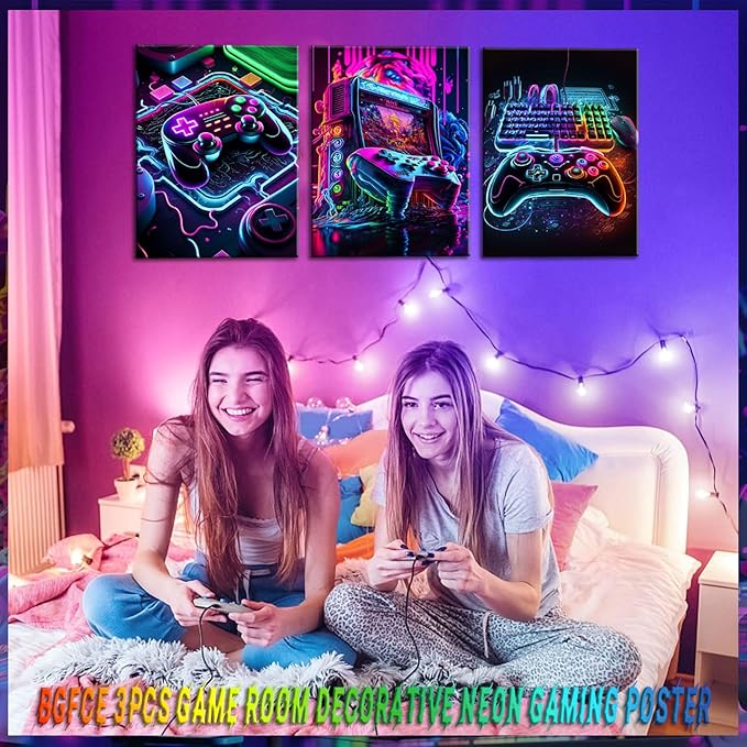 Game Room Decor Posters Set of 3 - Neon Gaming Accessories Theme Canvas Wall Art, Gamer Console Paintings Picture Wall Decor for Children Youth Boys Bedroom 12x16 inch Framed