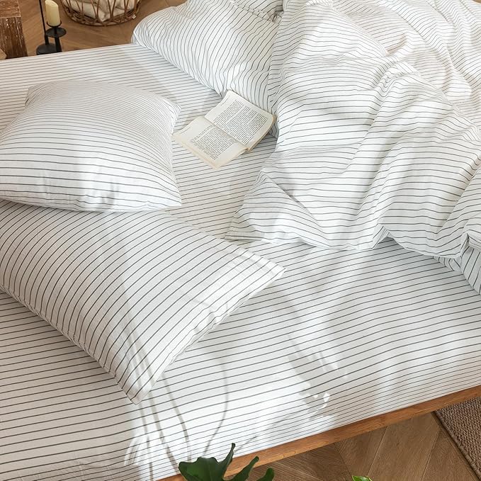 MooMee Striped Duvet Cover Set 100% Washed Cotton Linen Like Textured Breathable Durable Soft Comfy (White Heathered Green Wide Stripes, Palatial King/Oversized King 120"x98")