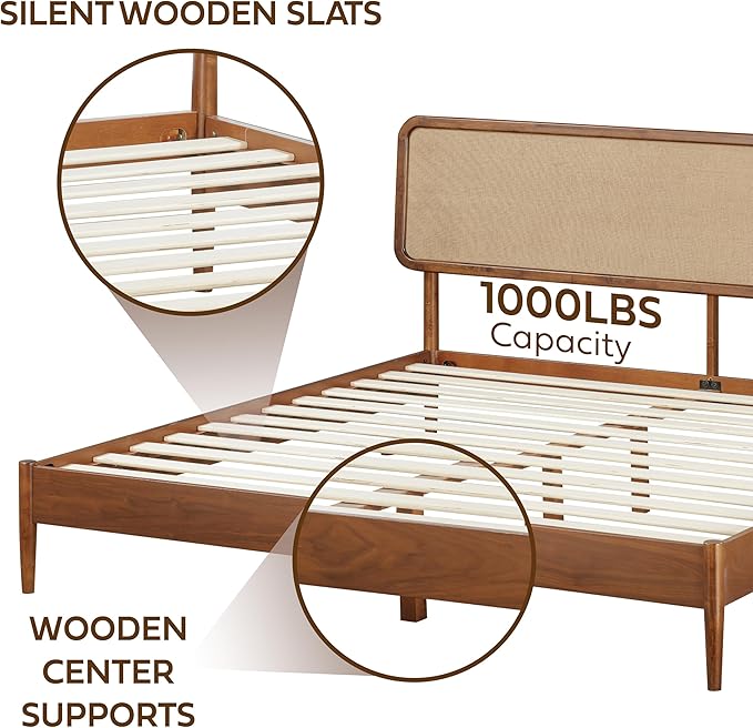 NTC Lupin Wooden Bed Frame with Headboard, Crafted from Walnut, Rubber Wood with Silent Slats and Wood Central Supports, 1000 Lb Capacity, Effortless Assembly, Queen - Dark Walnut