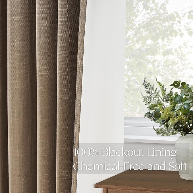 Topfinel 94 Inches Long Taupe Flax Custom Blackout Linen Curtains, Viral Ivory Pinch Pleated Noise Cancelling Curtains with Pin Hooks for Traverse, Burlap Viral Drapes 2 Panels for Living Room