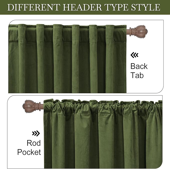 RYB HOME Back Tab Velvet Curtains, Thermal Insulated Privacy Protect Decorative Drapes for Living Room Home Theater, Olive Green, W 52 x L 120 inches, 2 Panels Set