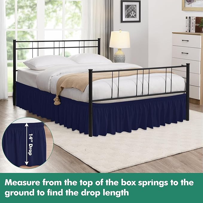 Biscaynebay Wrap Around Bed Skirts with Split Corners for Full Beds 14" Drop, Navy Elastic Dust Ruffles Adjustable Easy Fit Wrinkle & Fade Resistant Silky Luxurious Fabric Machine Washable