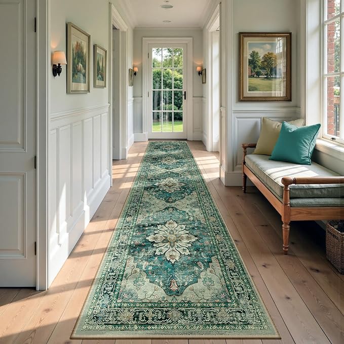 Area Rugs 2'6''x12' Washable Non-Slip, Floral Vintage Distress Print Pattern Medallion Carpet for Living Room Bedroom Dining Room, Dark Blue Vintage