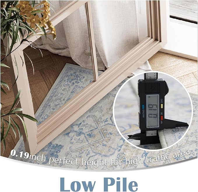 jinchan 4x6 Machine Washable Area Rugs Ultra-Thin Soft Throw Rug Low Pile Non-Slip Stain Resistant Distressed Vintage Floral Carpet for Bedroom, Living Room, Dining Room, Kitchen, Nursery(4x6ft, Blue)