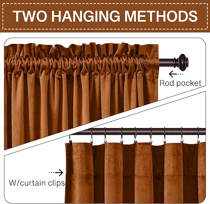 StangH Burnt Orange Velvet Drapes Vibrant Thermal Insulated Window Drapes for Bedroom, Soft Light Blocking Curtains for Sliding Door, Warm Autumn Decor, W52 x L100, 2 Panels