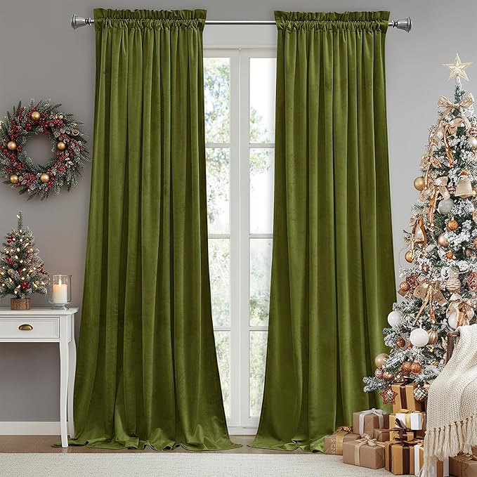 StangH Olive Green Velvet Curtains Light Blocking Bedroom Window Drapes Privacy Thermal Insulated Panels for Living Room Christmas Decor, W52 x L84, 2 Panels